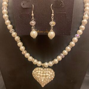Cream and Silver Pearl Necklace with Heart Pendant